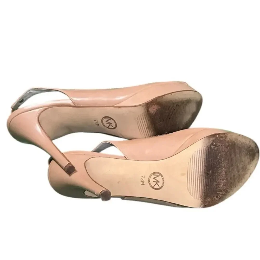 Michael Kors Women's Beige Paten Leather Slingback Peep Toe Heels Size 7.5 Used